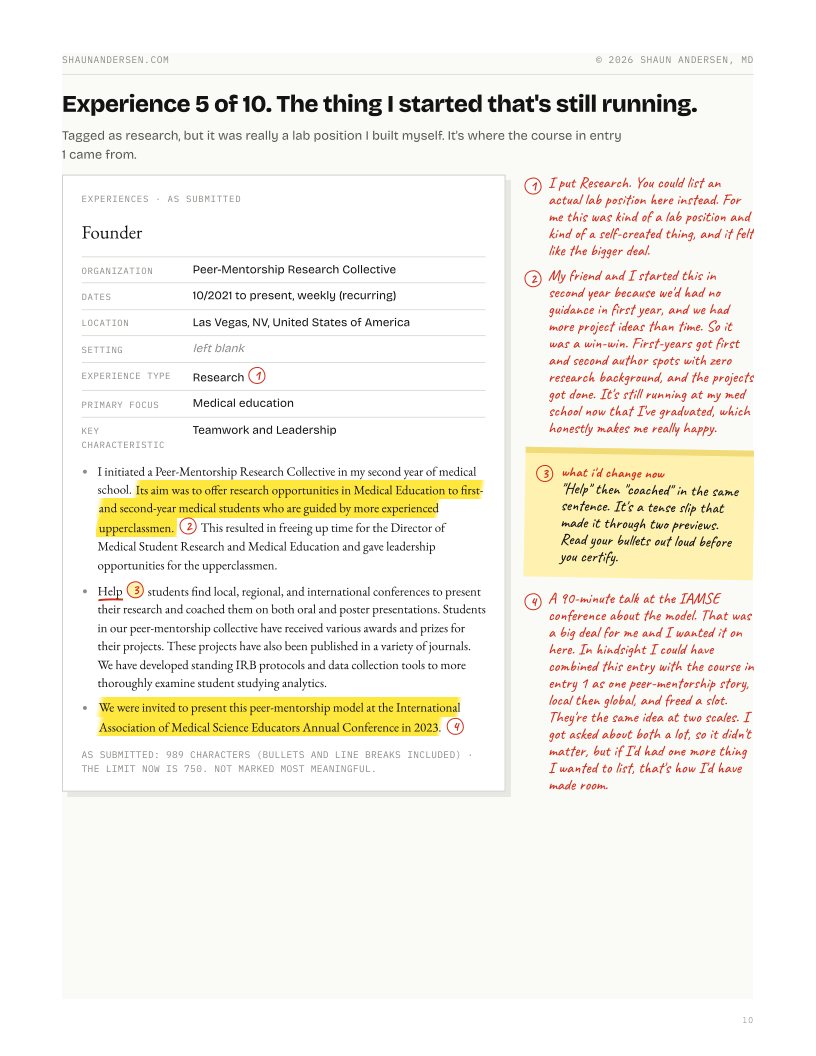 Page from the file: one experience entry as submitted, with numbered notes in the margin