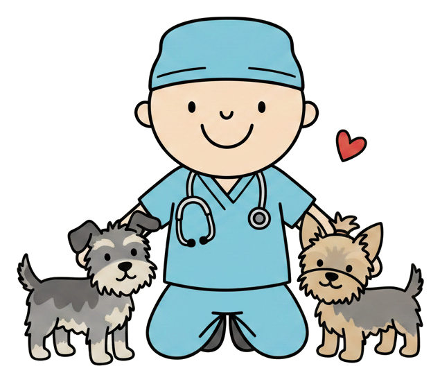 Cartoon Shaun in scrubs with his dogs Chip and Chewy