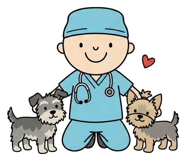 Cartoon Shaun in scrubs with his dogs Chip and Chewy