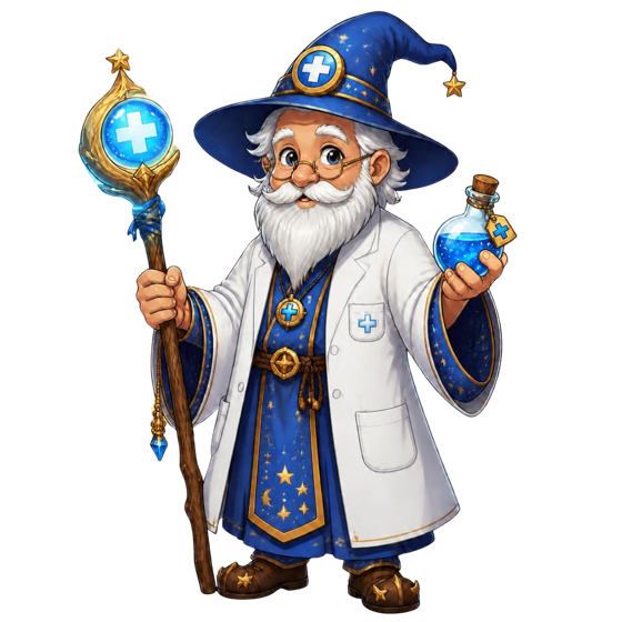 Dr. Match, a wizard doctor in starry blue robes holding a glowing staff