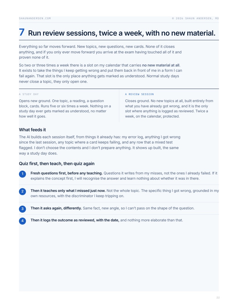 Page from the guide: the review session, and how it is built from your own errors